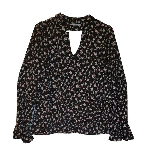 About A Girl Black Floral Keyhole Blouse L – Boho Romantic Whimsy Cottagecore - Picture 1 of 9